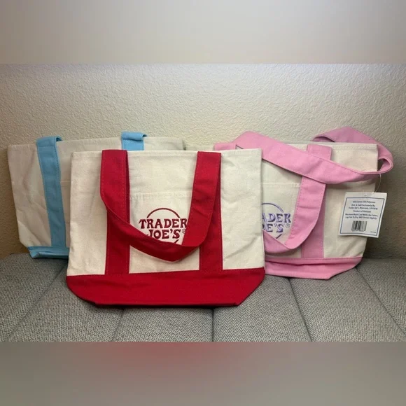 Trader Joe’s Mini Canvas Tote Bags— 2 Pastels (Pink & Blue) + 1 Red (3 total) - Picture 2 of 11